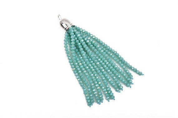 Crystal Bead Tassel Charm Pendant, TURQUOISE AB crystals with Silver cap, about 3" long chs2840