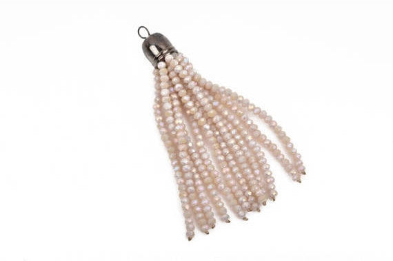 Crystal Bead Tassel Charm Pendant, IVORY CREAM Ab crystals with Gunmetal cap, about 3" long cho0201
