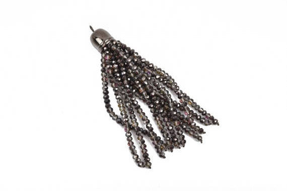 Crystal Bead Tassel Charm Pendant, SMOKY GREY Ab crystals with Gunmetal cap, about 3" long cho0205