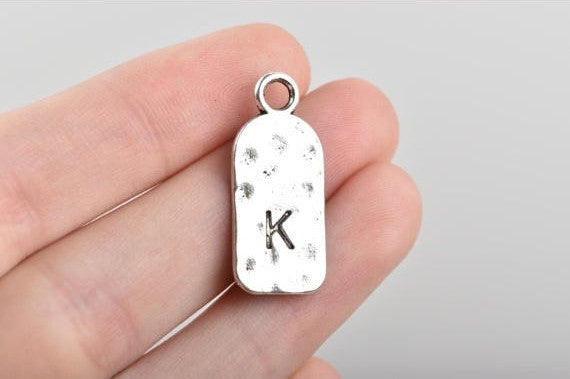 5 Letter K Monogram Initial Letter Stamped Rectangle Tag Charms, Hammered Antiqued Silver Tone Metal, 27x12mm, chs2609