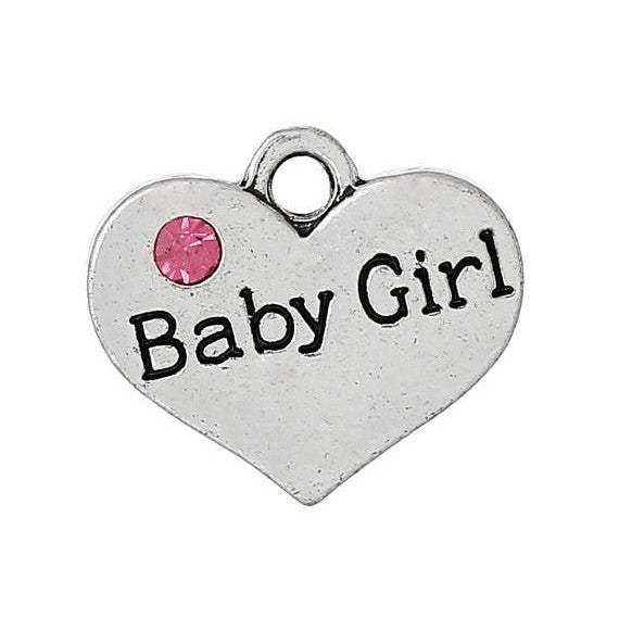 1 Antique Silver Pink Rhinestone "Baby Girl" Heart Charm Pendant 17x15mm  chs1397a