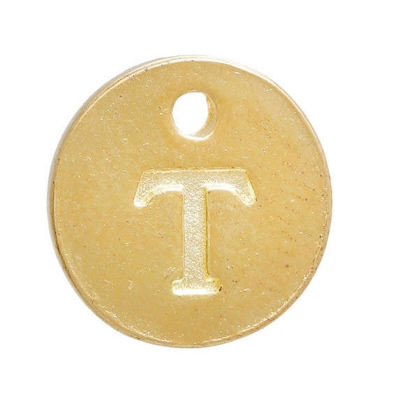 10 Letter T Alphabet Charms Gold Plated Monogram, double sided round disc letter charms, dot charms, 12mm, (1/2") chg0463