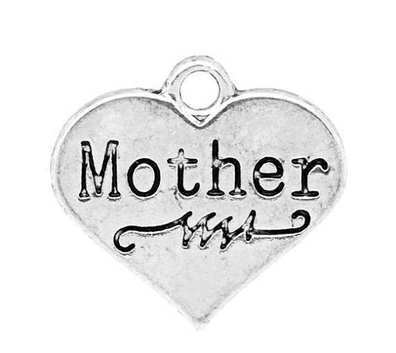6 MOTHER Heart Charm Pendants, silver tone metal, stamped word, double sided,  chs2136a