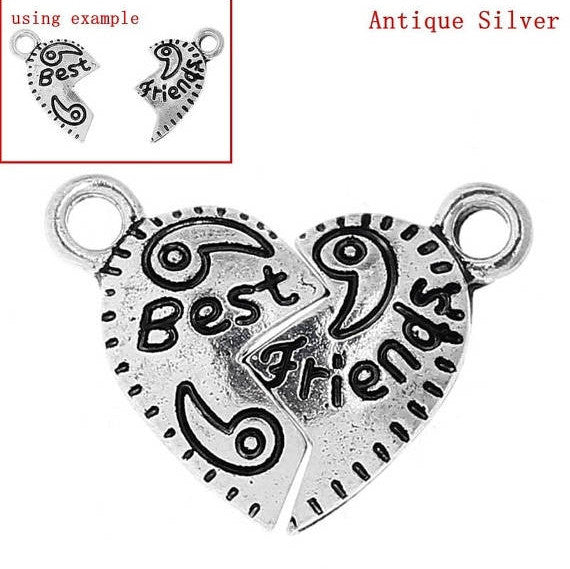 4 Sets Antique Silver Carved BEST FRIENDS Heart Charm Pendants  chs1377