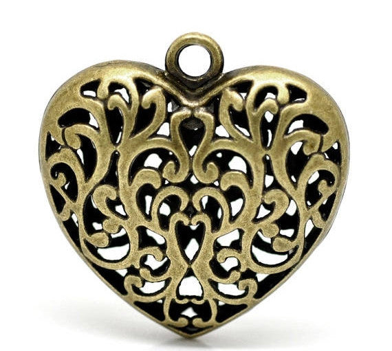 3 Large FILIGREE HEART Pendants, Antique Bronze Metal, 2" x 2"  chb0398