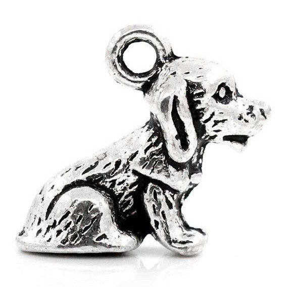 10 Antique Tibetan Silver Tone Metal PUPPY DOG Charm Pendants . 17mm x 14mm . chs0794