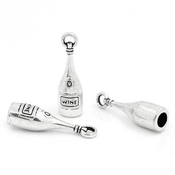 4 WINE BOTTLE Charm Pendants . silver tone . 27mm x 8mm . chs0376a