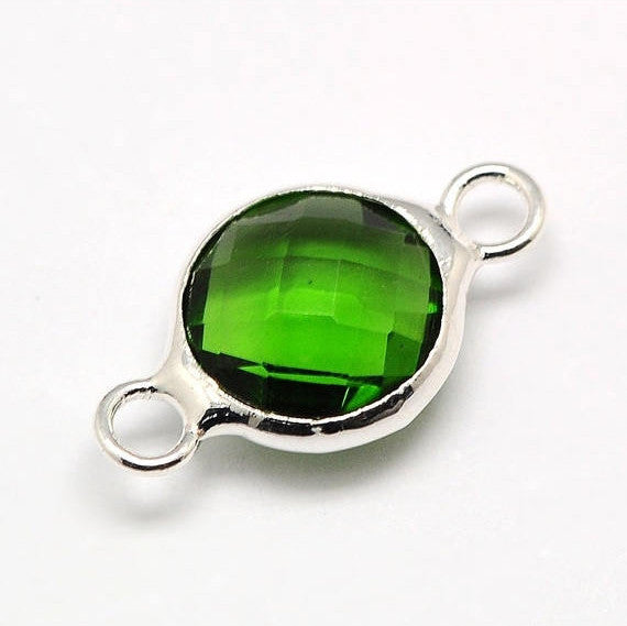 1 Round Circle Silver Plated Connector Link Charm, Faceted EMERALD GREEN  glass, 16x10mm, 5/8" long May birthstone, chs1950