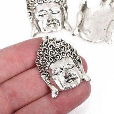 2 BUDDHA HEAD charm pendants, antiqued silver metal, religious icon, 38x27mm, chs2854