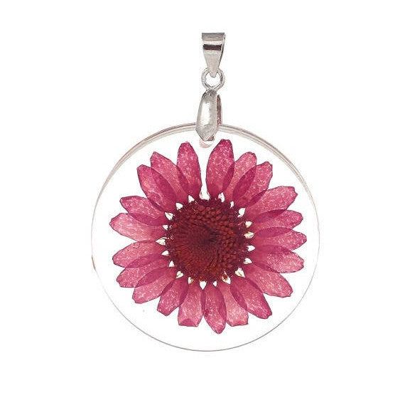 2 Acrylic Pendants, Natural REAL FLOWERS, Hot Pink Flower with leaves, circle disc shape, silver bail, 1-1/4" diameter cha0187