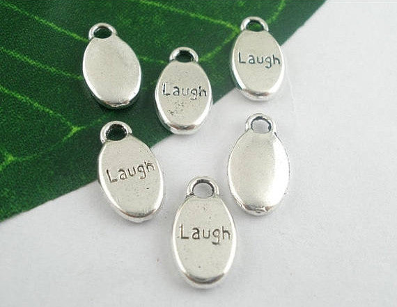 10 Silver Oval LAUGH Pewter Charm Pendants, affirmation charms chs1061