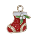 5 CHRISTMAS STOCKING Charms or Pendants, Stocking with Holly, Gold Plated with enamel and rhinestone accents, 18x16mm, chg0526