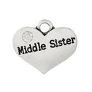 1 Silver Tone Rhinestone " Middle Sister " Heart Charm Pendant 16x14mm chs1046