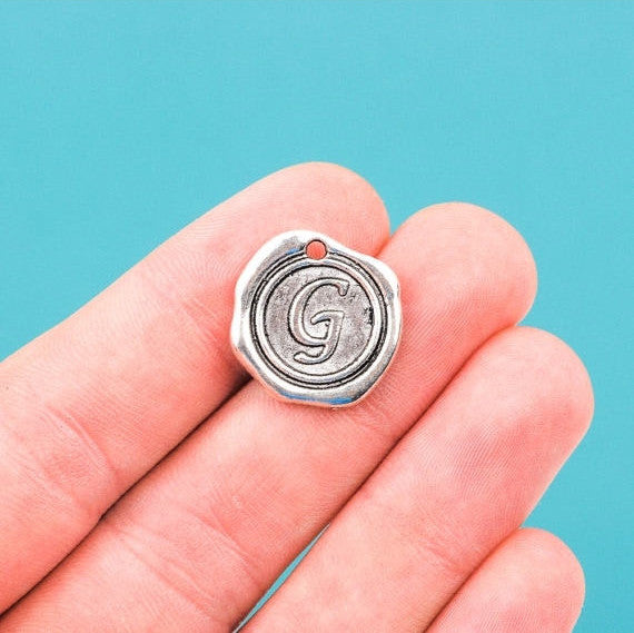 6 Letter G Wax Seal Charms, Monogram Initial Alphabet Stamped, antique silver metal,  18mm, 3/4" diameter  chs1926