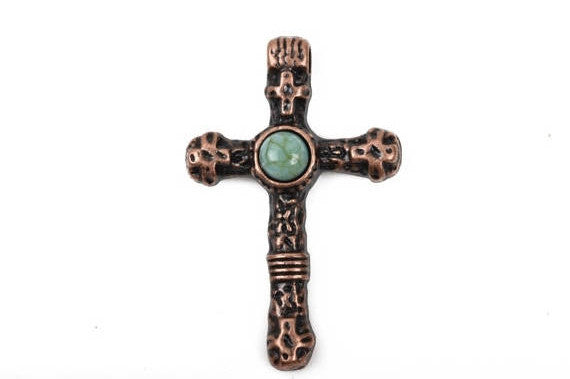 2 Copper and Turquoise CROSS Pendants, Copper base with turquoise cabochon, rustic metal, 40x25mm, chc0047