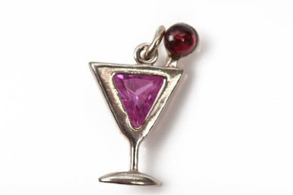 PINK Cubic Zirconia Crystal MARTINI Drink Sterling Silver Charm Pendant,  pms0397