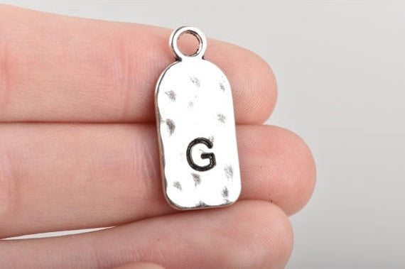 5 Letter G Monogram Initial Letter Stamped Rectangle Tag Charms, Hammered Antiqued Silver Tone Metal, 27x12mm, chs2605