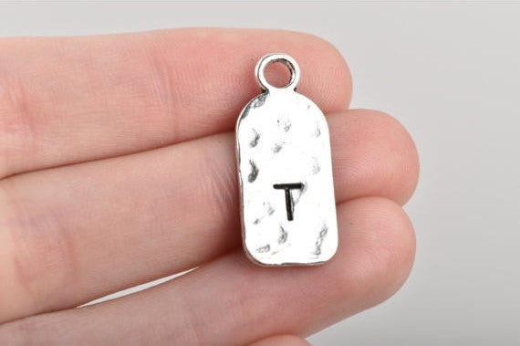 5 Letter T Monogram Initial Letter Stamped Rectangle Tag Charms, Hammered Antiqued Silver Tone Metal, 27x12mm, chs2618