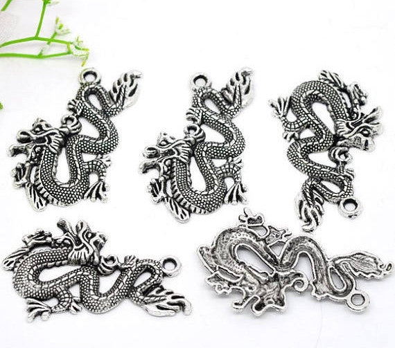 2 Large Silver Tone Chinese Dragon Charm Pendants 52x32mm. chs0821