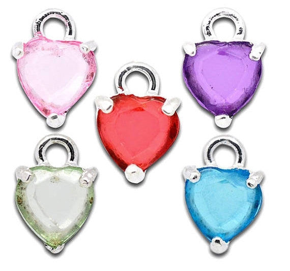 Mixed Colors Silver Plated Rhinestone Faceted HEART Charm Pendants . 10 pieces (2 of each color)  chs1022