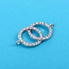 1 Rhinestone Sideways DOUBLE CIRCLE Connector Charm, silver tone metal base and clear crystals . chs0461