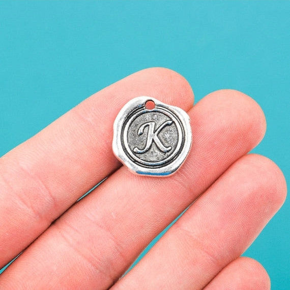 6 Letter K Wax Seal Charms, Monogram Initial Alphabet Stamped, antique silver metal,  18mm, 3/4" diameter chs1930