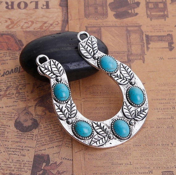 1 Large Silver HORSESHOE GOOD Luck Charm Pendant with leaf design, faux turquoise cabochons, horse riding pendants, 65x52mm, chs2808