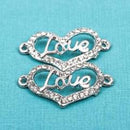 2 Rhinestone Sideways HEART LOVE Links, silver tone metal base and clear crystals chs1878