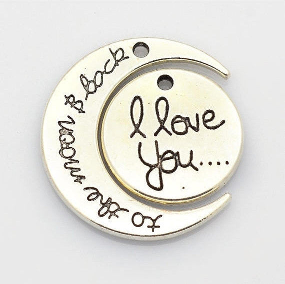 5 sets I Love You To the Moon and Back Pendant Charms, large crescent moon charms and silver circle disc, silver tone,  29x27mm, chs2188