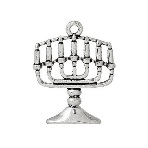 4 Antique Silver MENORAH Charm Pendants  chs1380