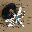 DRAGONFLY Pendant, SILVER with gold flowers and turquoise blue oval cabochon, textured metal, 2.5" chs2674