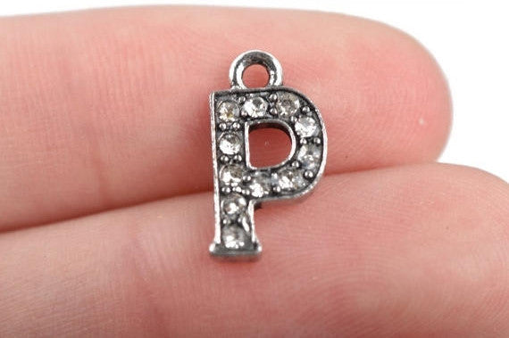 4 Letter P Monogram Initial Letter Charms, Rhinestones embedded in silver metal, 15mm (5/8")  chs2640