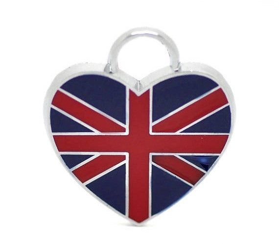 4 Silver Metal Enamel UK HEART Flag, British Flag, Charms or Pendants