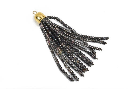 Crystal Bead Tassel Charm Pendant, SMOKY GREY Ab Half Plated Crystals with Gold cap, about 3" long chg0564