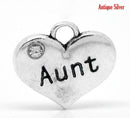 1 AUNT Antique Silver Tone Charm Pendants, heart with rhinestones  chs0854a