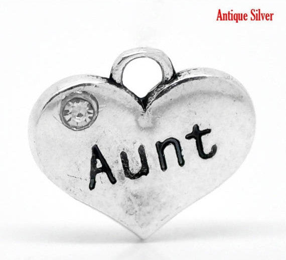 1 AUNT Antique Silver Tone Charm Pendants, heart with rhinestones  chs0854a
