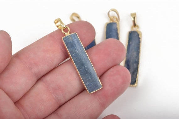 1 KYANITE Gemstone Charm Pendant, Rectangle Stick, Denim Blue Natural Kyanite Gemstone gold bail, about 48mm long, 1-7/8" long cgm0056