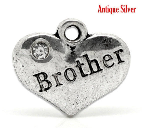 1 Silver Tone Rhinestone "Brother" Heart Charm Pendants 16x14mm (5/8"x1/2"). Chs0864