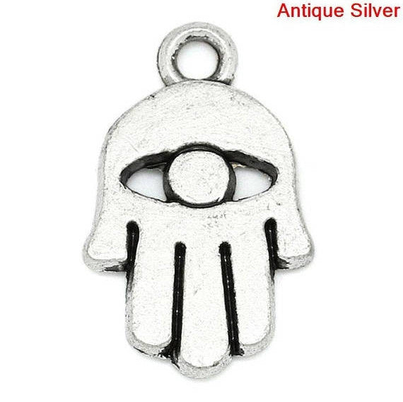 10 HAMSA HAND Evil Eye Antique Silver Tone Charm Pendants . chs0310