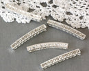 2 Rhinestone Curved Bar for Bracelets, bright silver metal and clear crystals  37mm long  chs0884