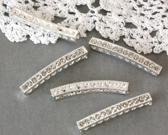 2 Rhinestone Curved Bar for Bracelets, bright silver metal and clear crystals  37mm long  chs0884
