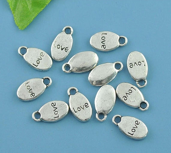 10 Oval LOVE Pewter Charm Pendants   chs1363