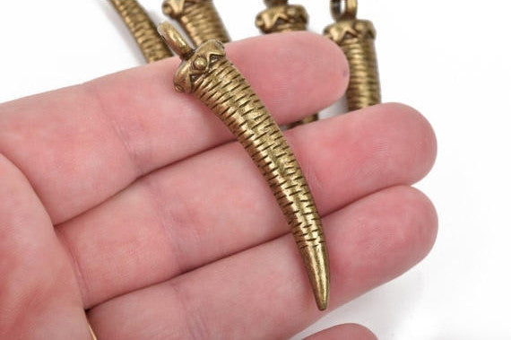 4 Large HORN or CLAW Tusk Charm Pendants, bronze oxidized, 60mm long, 2-3/8" chb0458