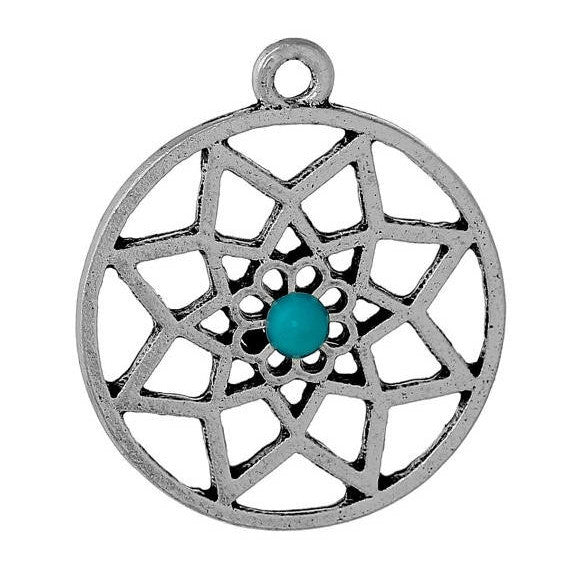 5 Silver DREAMCATCHER Dream Catcher Charms Pendants, turquoise colored bead in center, chs2087