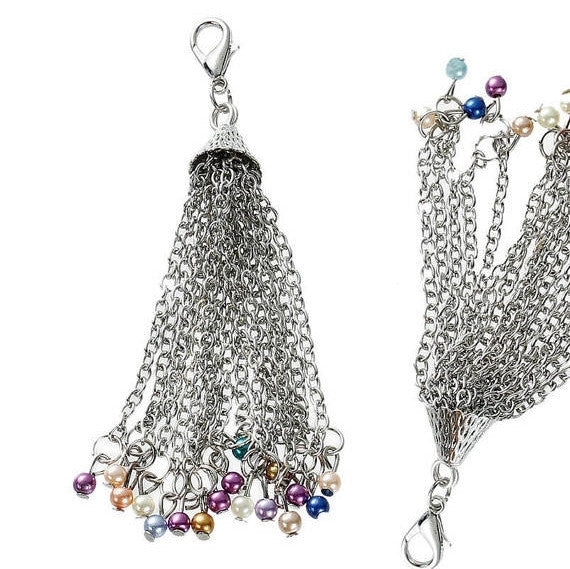 1 Silver Tone COLORFUL PEARL Tassel Pendant Charm, glass pearl tassels, about 4" long lobster clasp, chs2413