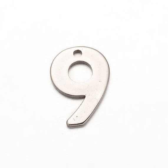 10 Number 9 (nine) Stainless Steel Charm Pendants, chs2301