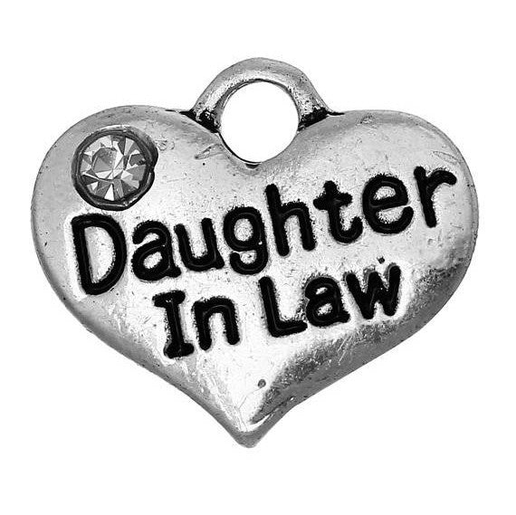 20 bulk package DAUGHTER IN Law Antique Silver Tone Charm Pendants, heart with rhinestones  chs2038