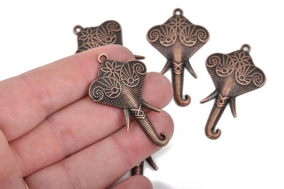 5 ELEPHANT Copper Pendant Charms, Hindu Ganesha Elephant Head, 1-3/4" long chc0066