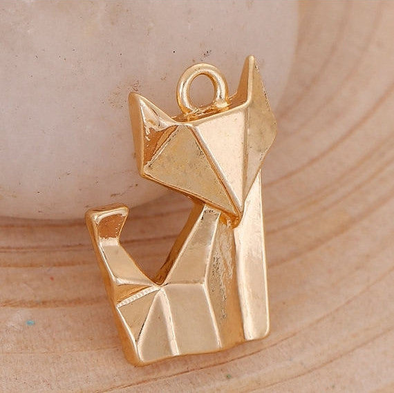 5 Gold ORIGAMI FOX Charms, Bright Gold Plated Pendants, 22x16mm, chg0505