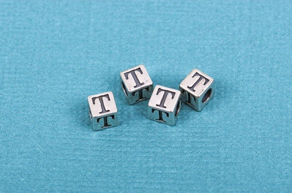 Alphabet LETTER T Sterling Silver Alphabet Block Bead, Square Cube, 5.5mm, pms0296